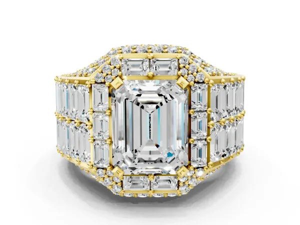 Emerald Cut Diamond Pavé Statement Mens Ring with Baguette Accents Yellow gold