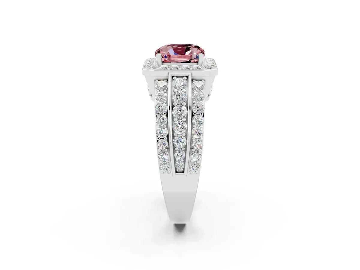 Cushion Cut Halo Morganite Ring with Round Split Shank and Prong Setting Silver