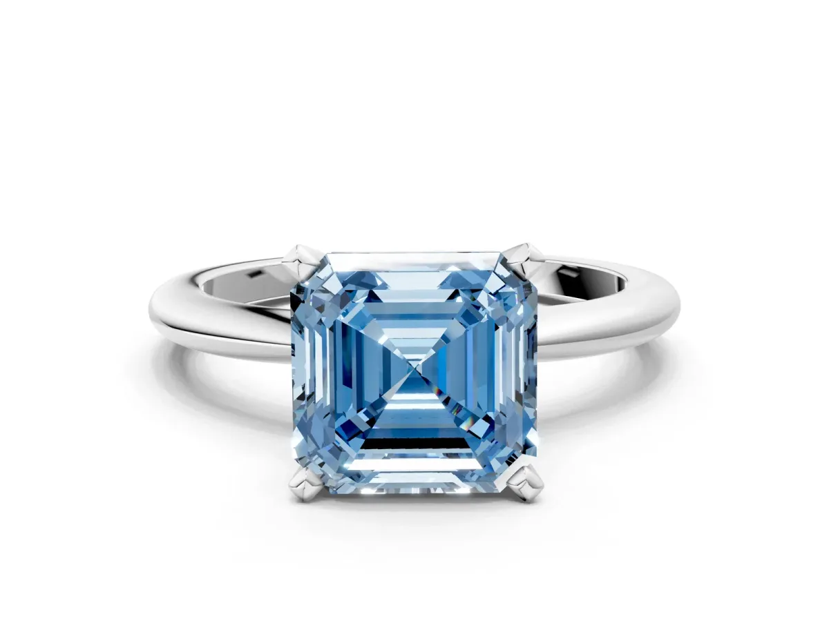 Fancy Blue Asscher Cut Diamond Solitaire Ring with Six-Prong Setting and Classic Band Silver