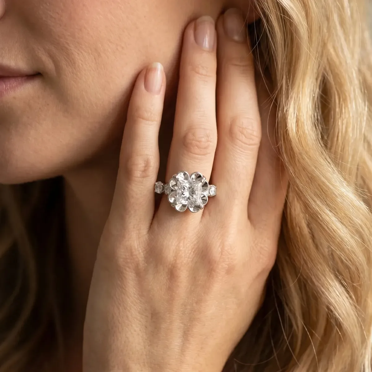 Princess Cut Cut Diamond Floral Halo Engagement Ring with Shared Prong Setting Silver