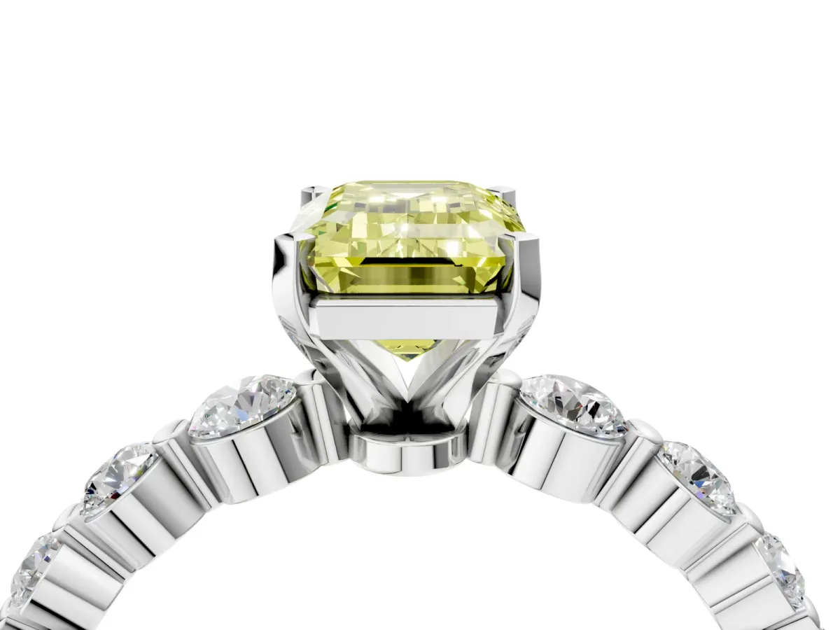 Fancy Yellow Emerald Cut Solitaire Diamond Ring with Pave Band and Four-Prong Setting Silver