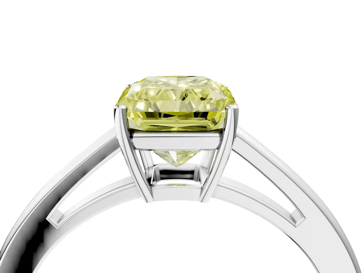 Fancy Yellow Radiant Cut Solitaire Diamond Ring with Split Shank and Four-Prong Setting Platinum