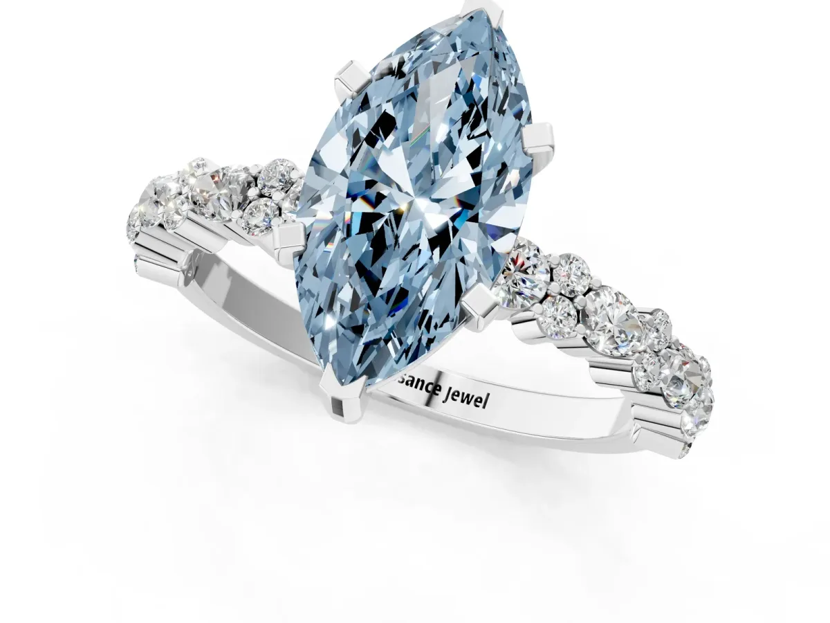 Fancy Blue Marquise Cut Diamond Side Stone Solitaire Ring with Round and Four-Prong Setting Silver
