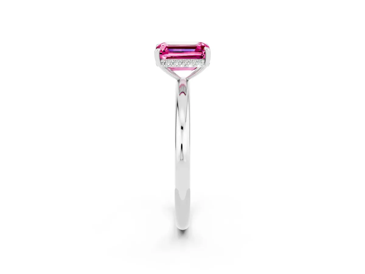 Emerald Cut Pink Sapphire Solitaire Ring with Thin Band and Four-Prong Setting White gold