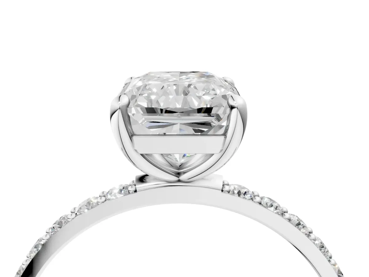 Radiant Cut Diamond Solitaire Ring with Round Pavé Band and Prong Setting Silver