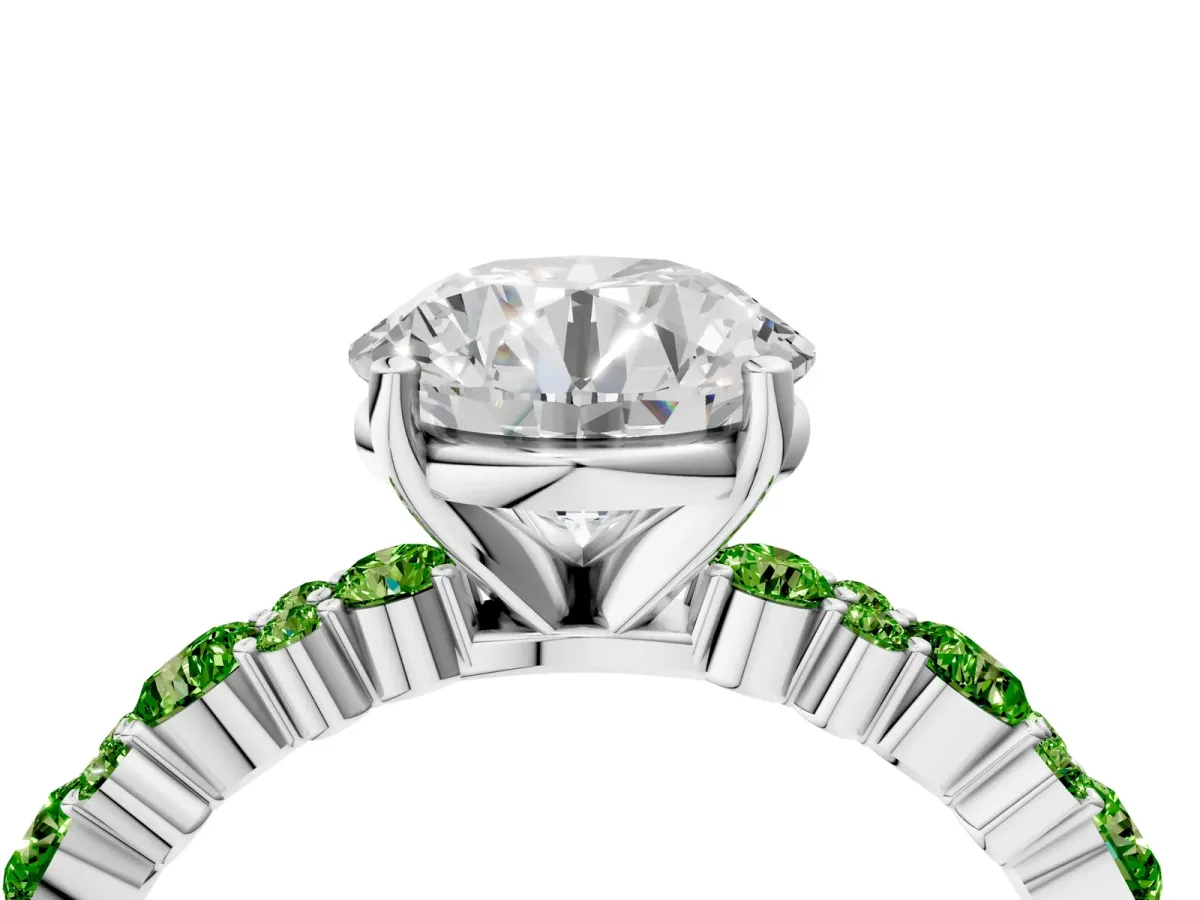 Round Cut Diamond Side Stone Solitaire Ring with Round Peridot and Four-Prong Setting Silver