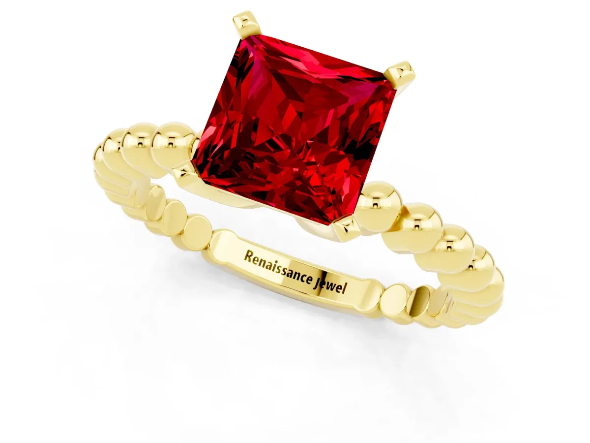 Princess Cut Ruby Solitaire Ring with Beaded Band and Prong Setting Yellow gold