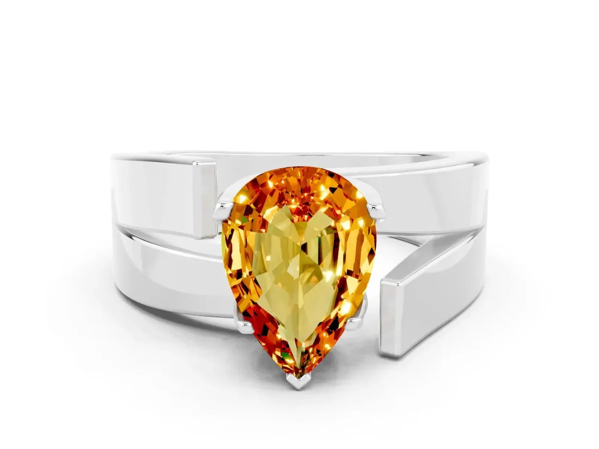Modern Tension Set Pear Cut Citrine Solitaire Wide Band Ring Silver