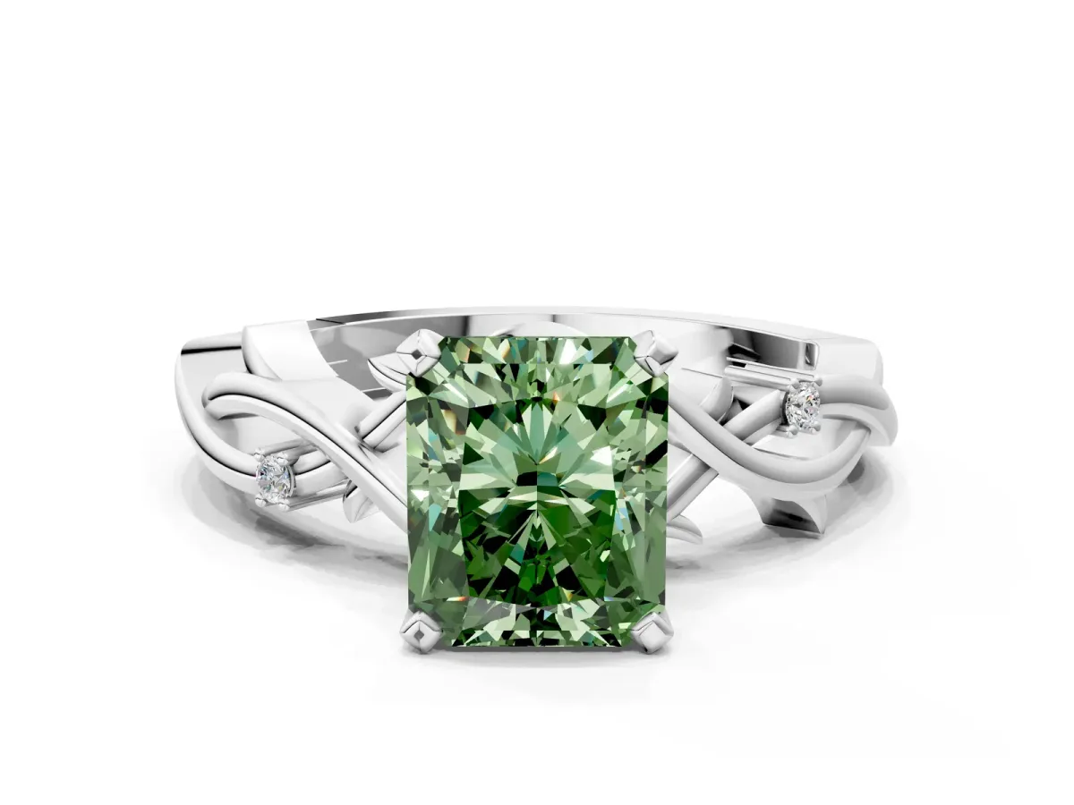 Fancy Green Radiant Cut Diamond Solitaire Ring with Twisted Band and Prong Setting Silver