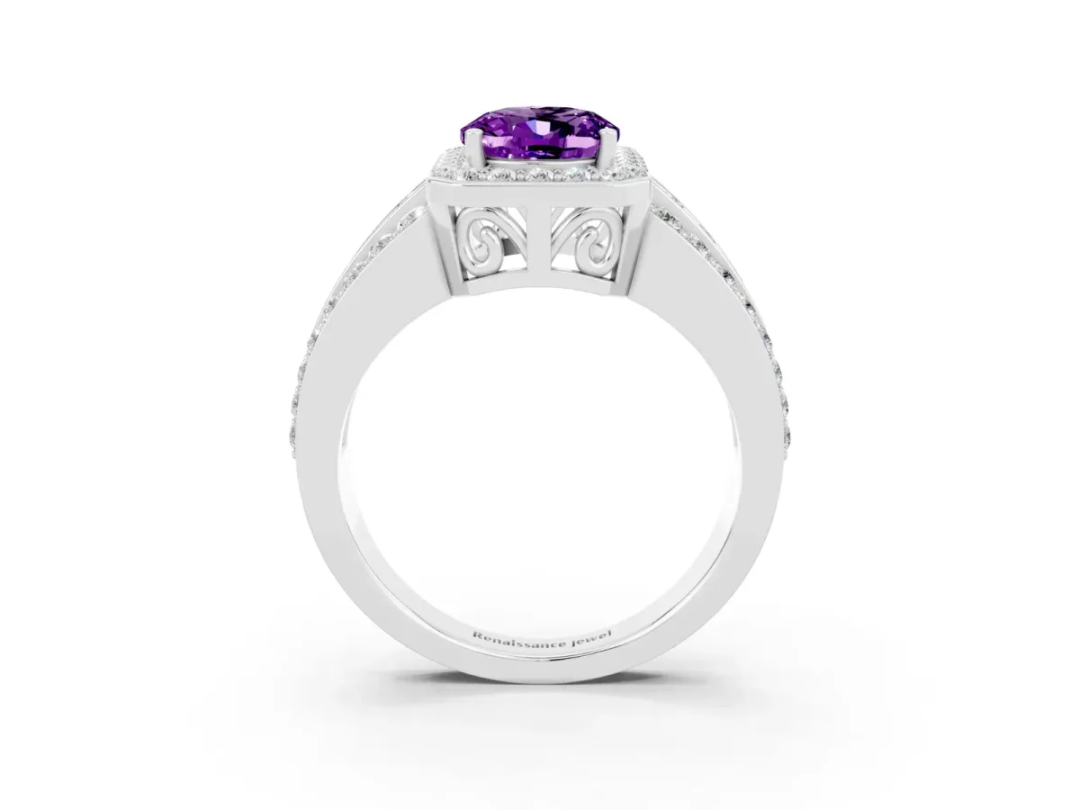 Oval Cut Halo Amethyst Ring with Round Split Shank and Prong Setting Platinum