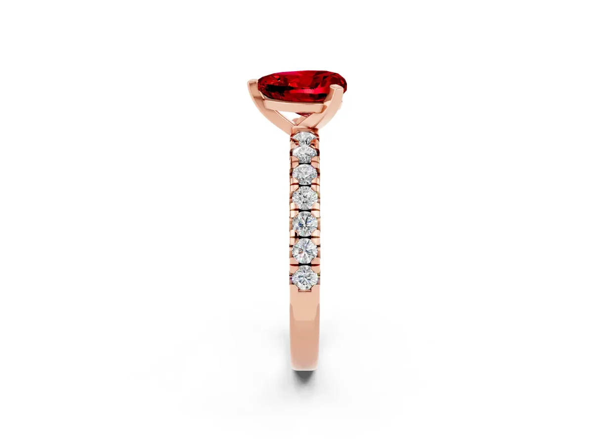 Heart Cut Ruby Solitaire Pavé Engagement Ring with Round Band and Prong Setting Rose gold