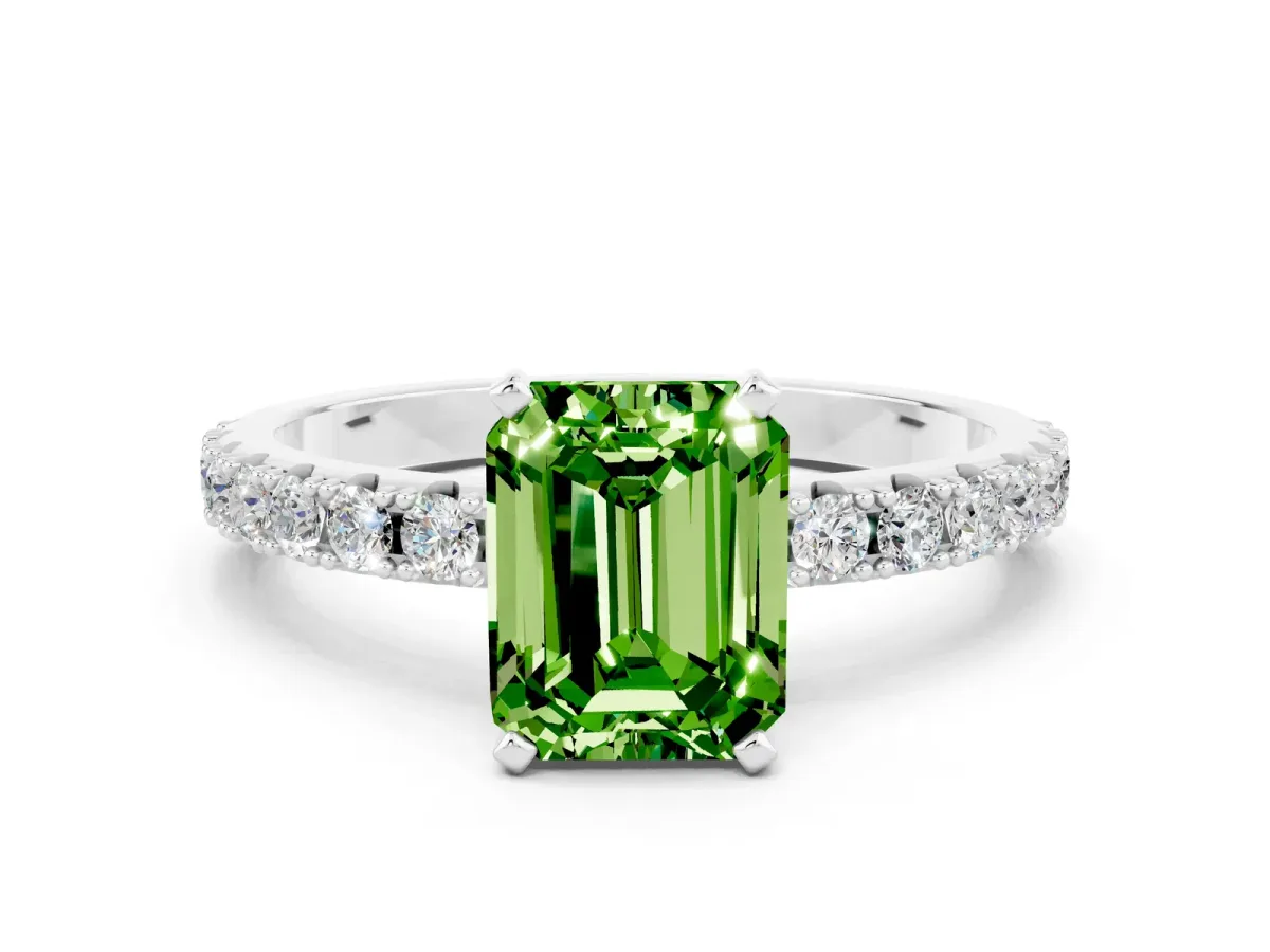 Emerald Cut Peridot Solitaire Pavé Band with Four-Prong Setting Silver