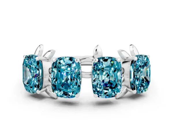 Four-Stone Elongated Cushion Blue Topaz Band with Nature-Inspired Prong Setting Platinum