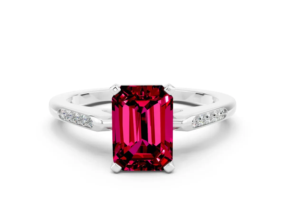 Emerald Cut Garnet Solitaire Ring with Channel Set Round Band and Prong Setting Silver