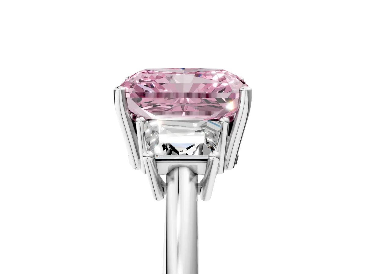 Fancy Pink Radiant Cut Diamond Three-Stone Ring with Trapezoid Side Stones and Prong Setting Silver