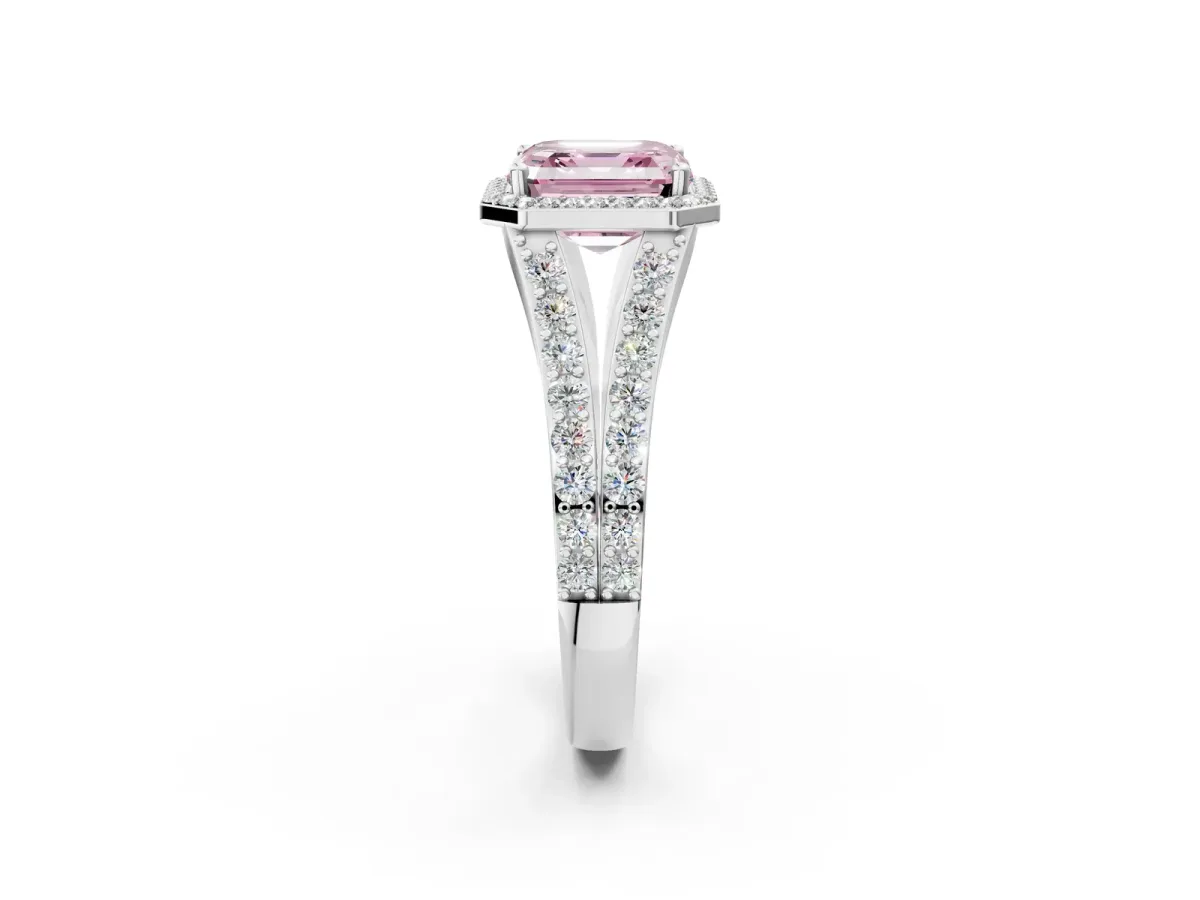 Fancy Pink Asscher Cut Diamond Split Shank Halo Ring with Four-Prong Setting Platinum