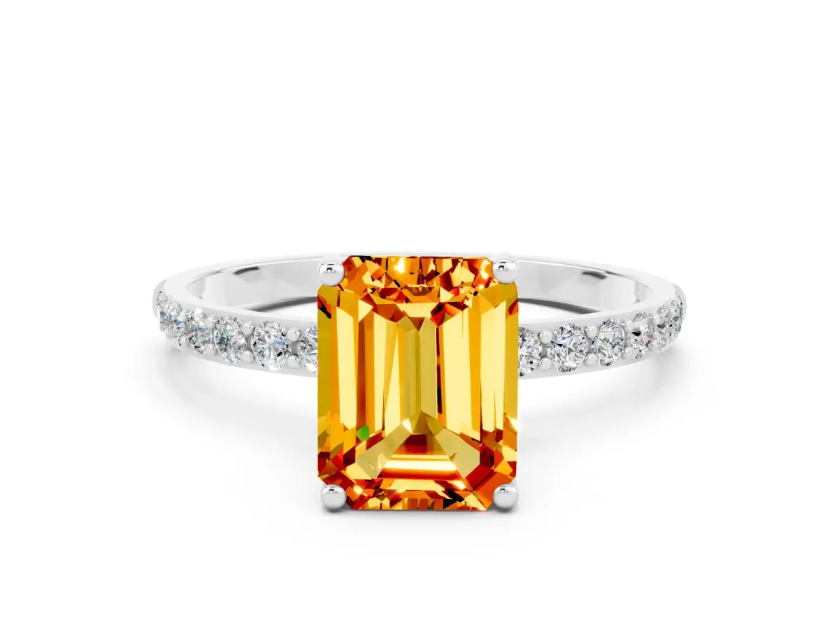 Emerald Cut Citrine Solitaire Ring with Round Pavé Shoulders and Prong Setting Silver