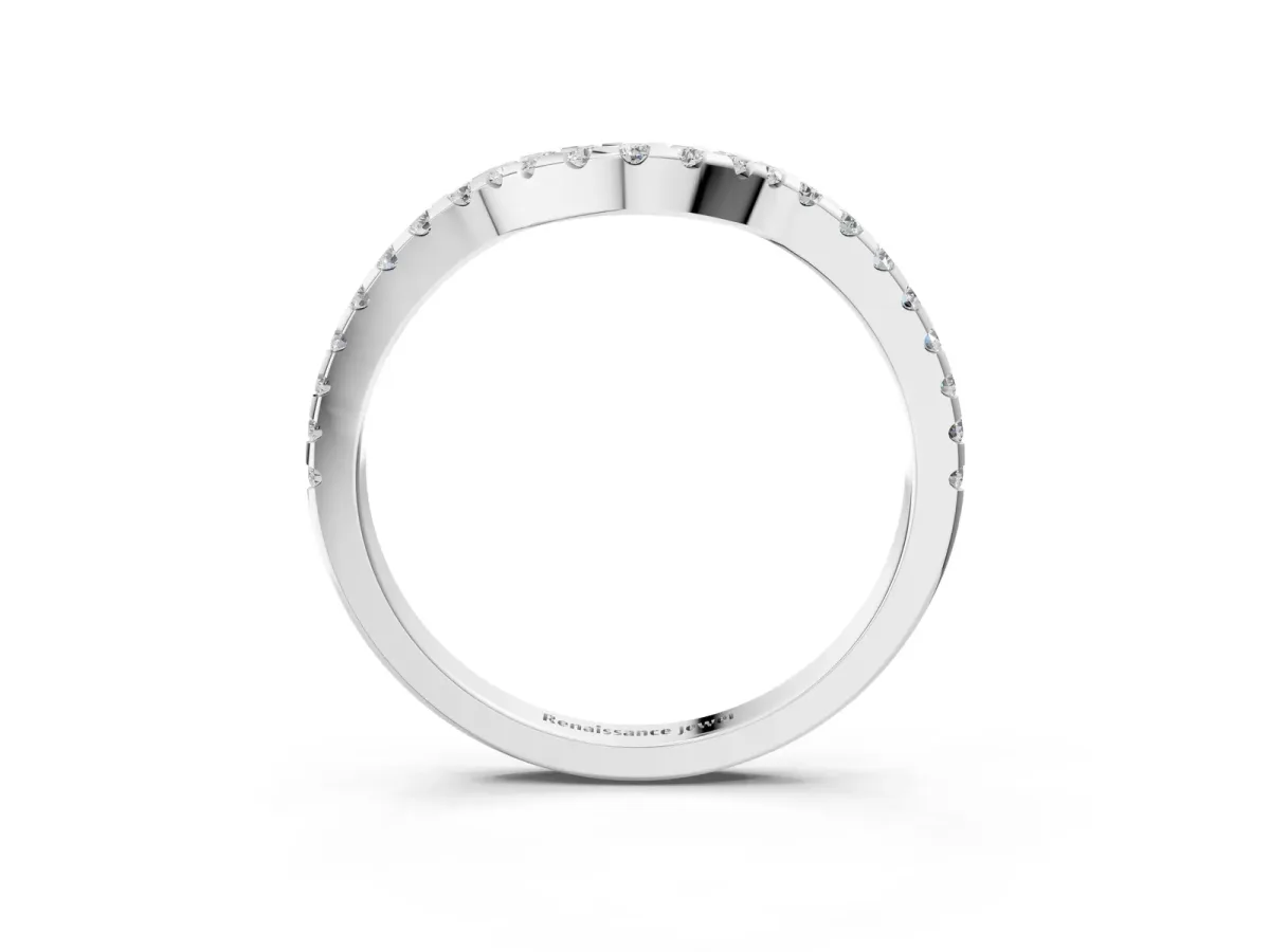 Pavé Round Diamond Curved Wedding Band with Shared Prong Setting White gold