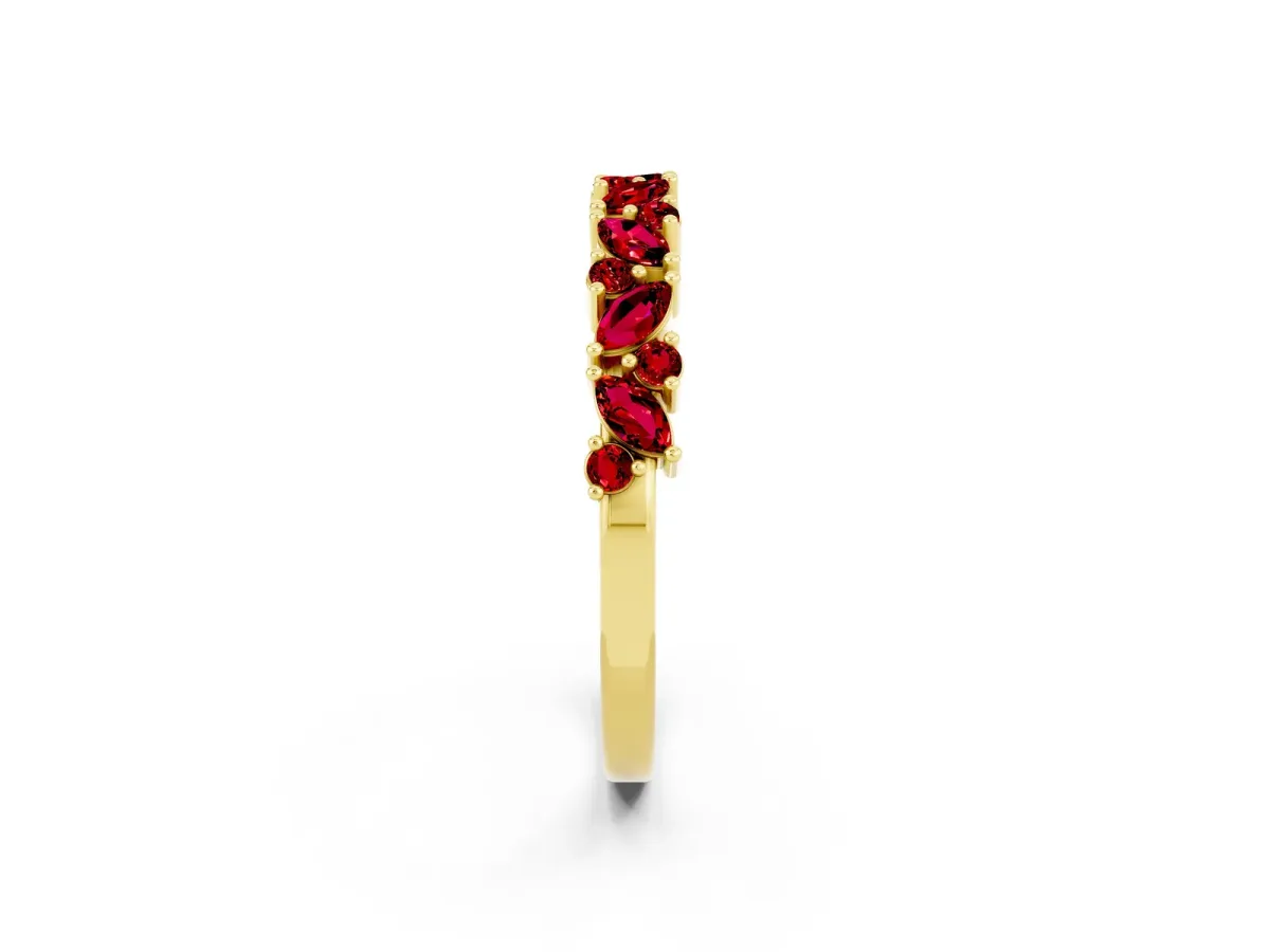 Marquise and Round Ruby Vine Eternity Band with Prong Setting Yellow gold