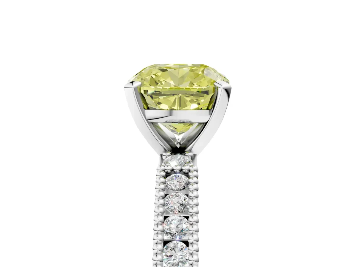 Fancy Yellow Cushion Cut Solitaire with Pavé Band and Four-Prong Setting Silver