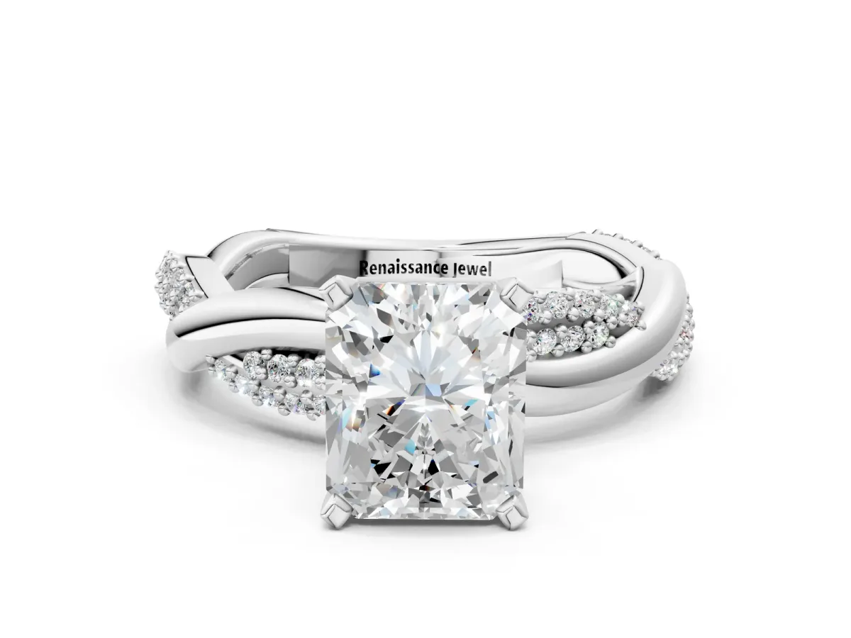 Radiant Cut Solitaire Twist Band with Pave Prong Setting Platinum