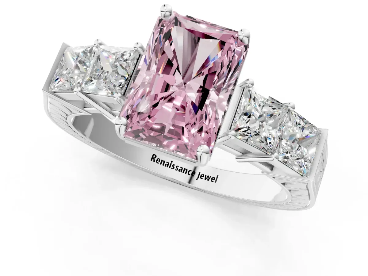 Fancy Pink Radiant Cut Solitaire Princess Side Stone Engraved Band Prong Setting Ring Platinum