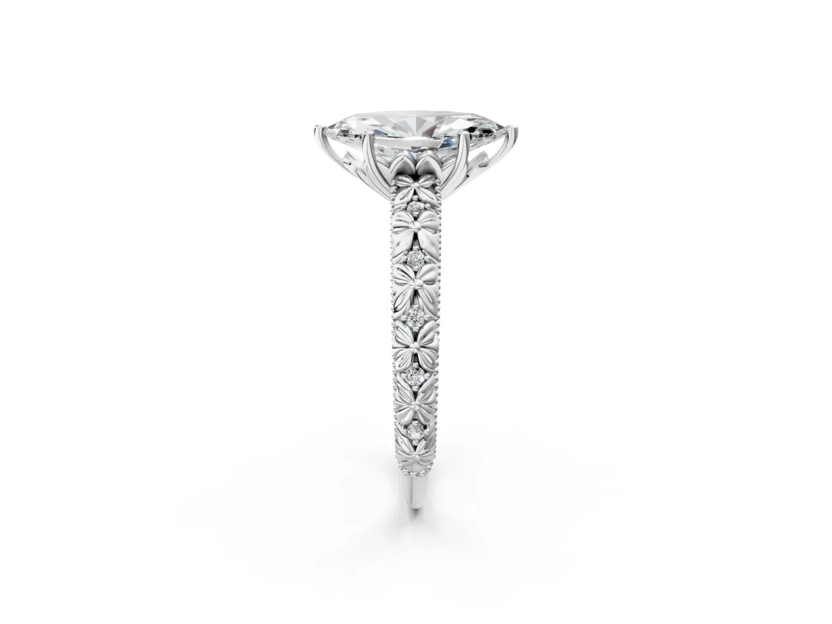 Marquise Cut Solitaire Floral Milgrain Engagement Ring Silver