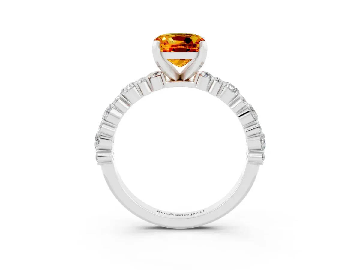 Cushion Cut Citrine Side Stone Solitaire Ring with Round and Four-Prong Setting Silver