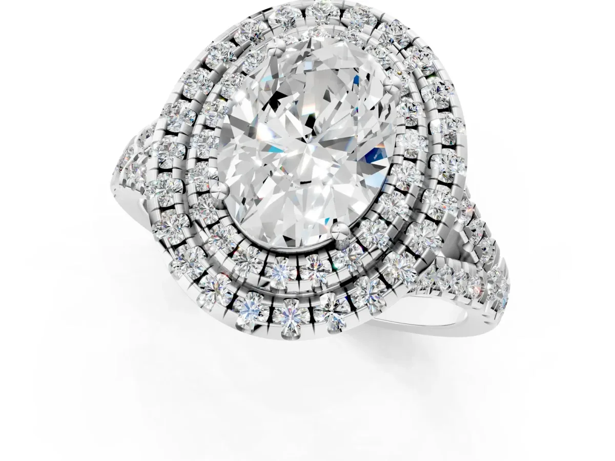 Double Halo Oval Cut Diamond Pavé Split Shank Ring with Prong Setting Silver