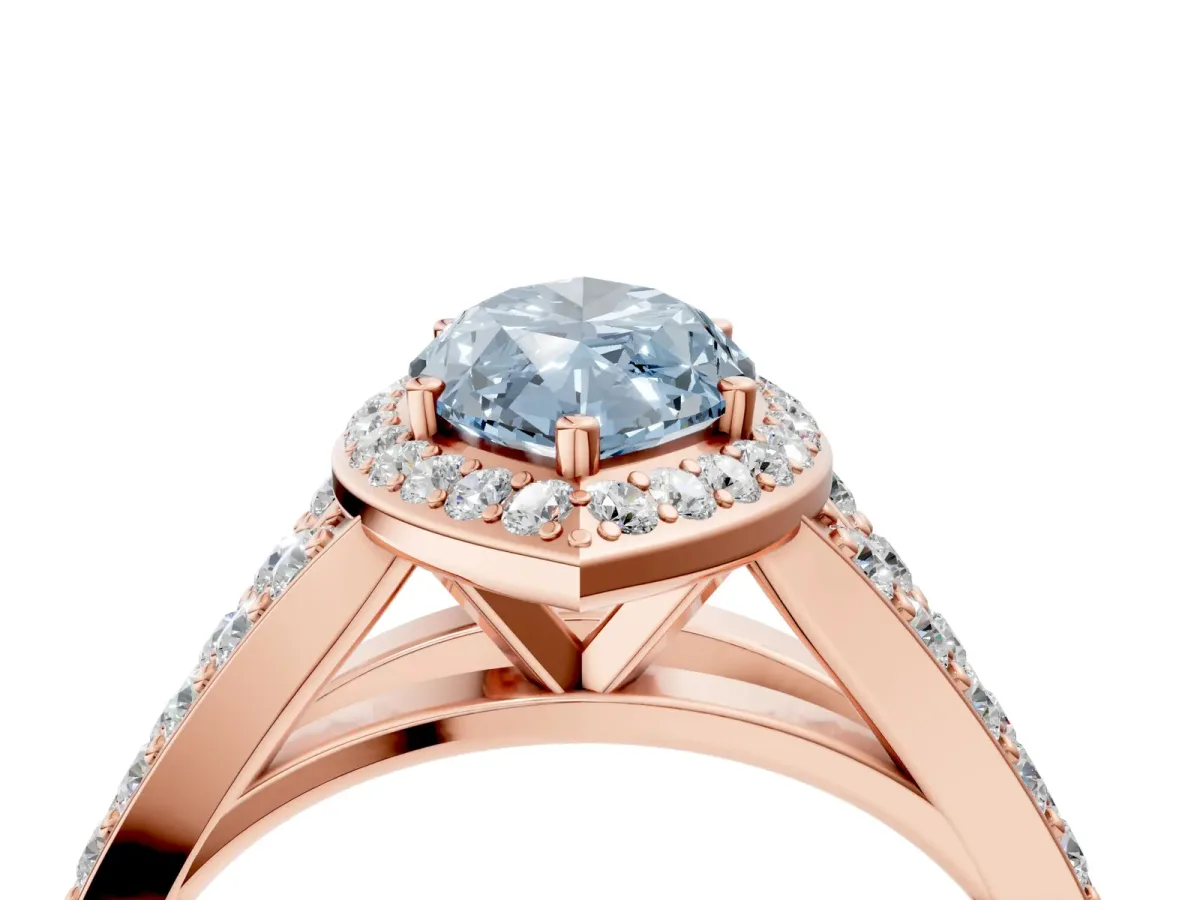 Fancy Blue Marquise Cut Diamond Split Shank Halo Ring with Four-Prong Setting Rose gold