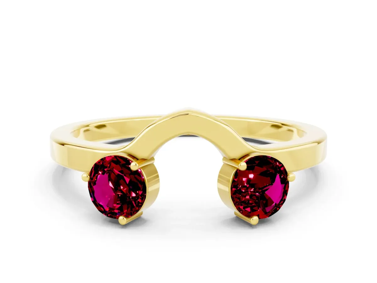 Dual Round Garnet Open Band Ring with Prong Setting Yellow gold