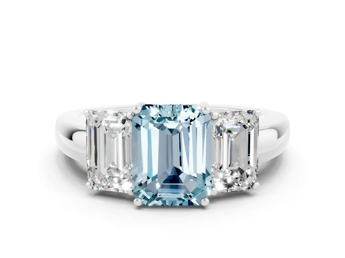 Emerald Cut Aquamarine Three-Stone Ring with Four-Prong Setting and Classic Band Silver