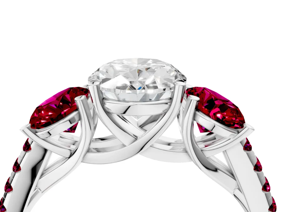 Three-Stone Oval Cut Diamond Ring with Round Garnet Pavé Band and Prong Setting Silver