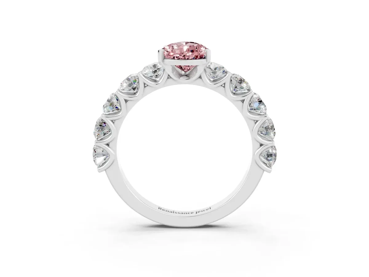 Pear Cut Morganite Prong Setting with Side Stones on a Pave Band Silver