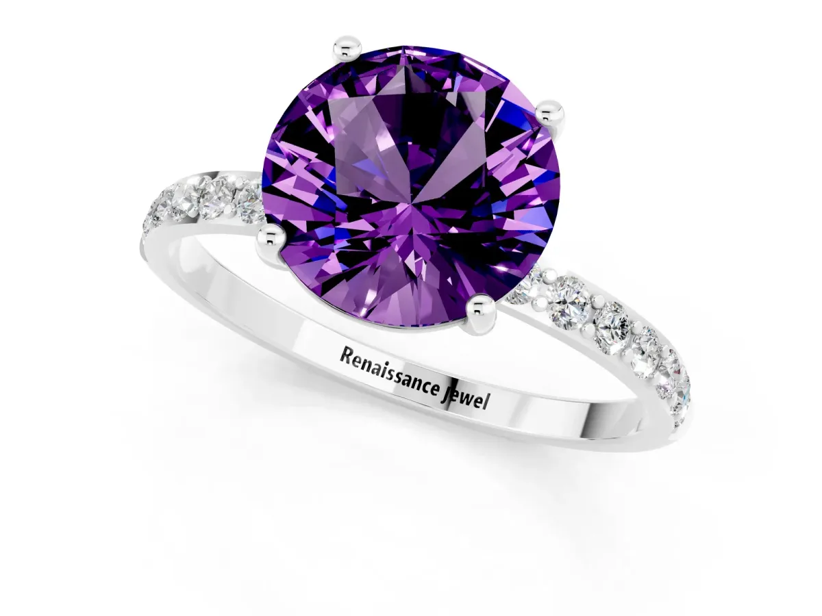 Round Cut Amethyst Solitaire Ring with Round Pavé Band and Prong Setting Silver