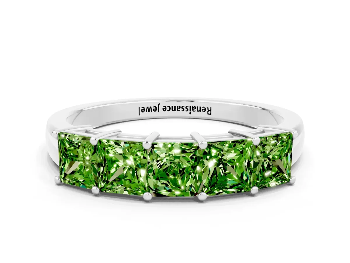 Princess Cut Five-Stone Peridot Band with Prong Setting Platinum