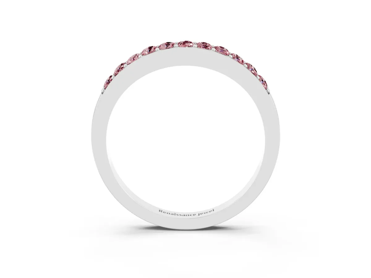 Round Morganite Curved Wedding Band with Channel Setting Silver