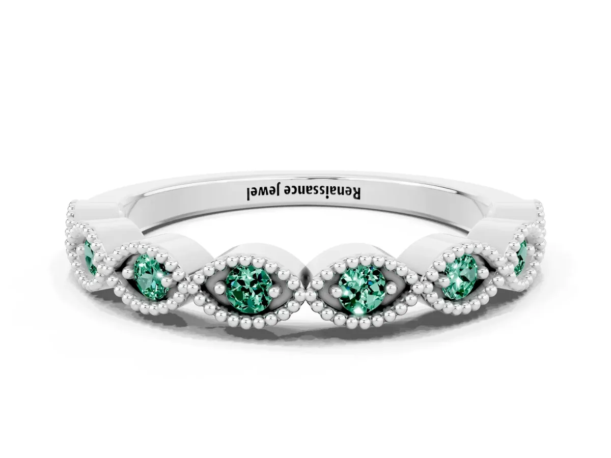Milgrain Marquise Green Sapphire Half Eternity Band with Bezel Setting Platinum