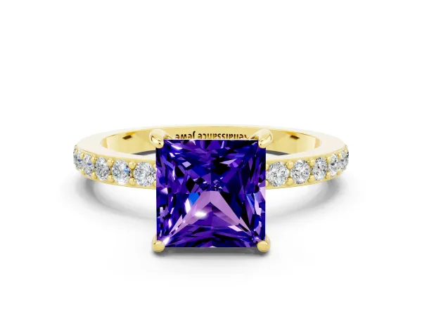 Princess Cut Tanzanite Solitaire Engagement Ring with Pavé Band and Four-Prong Setting Yellow gold