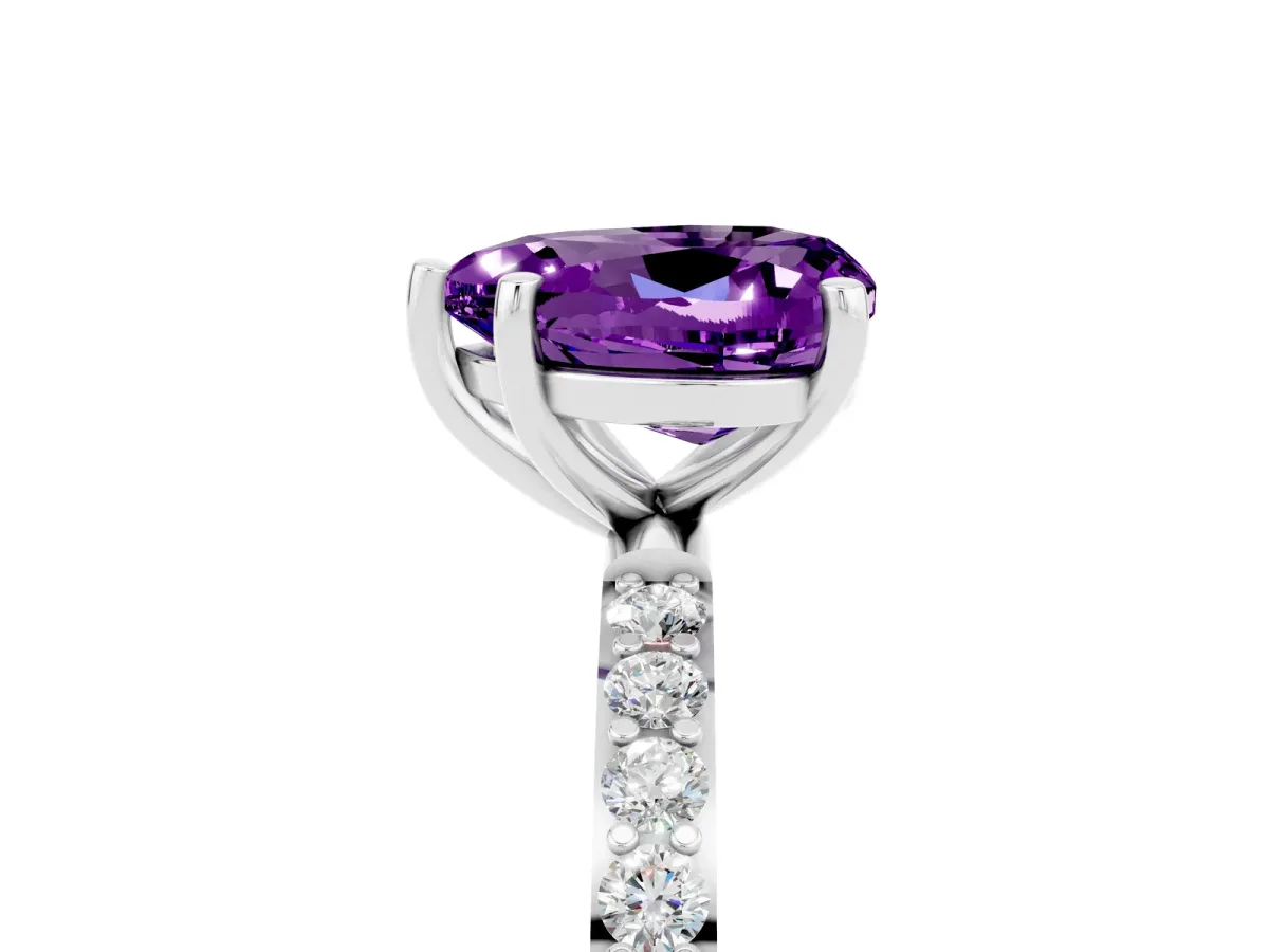 Heart Cut Amethyst Solitaire Ring with Round Pavé Band and Prong Setting Silver