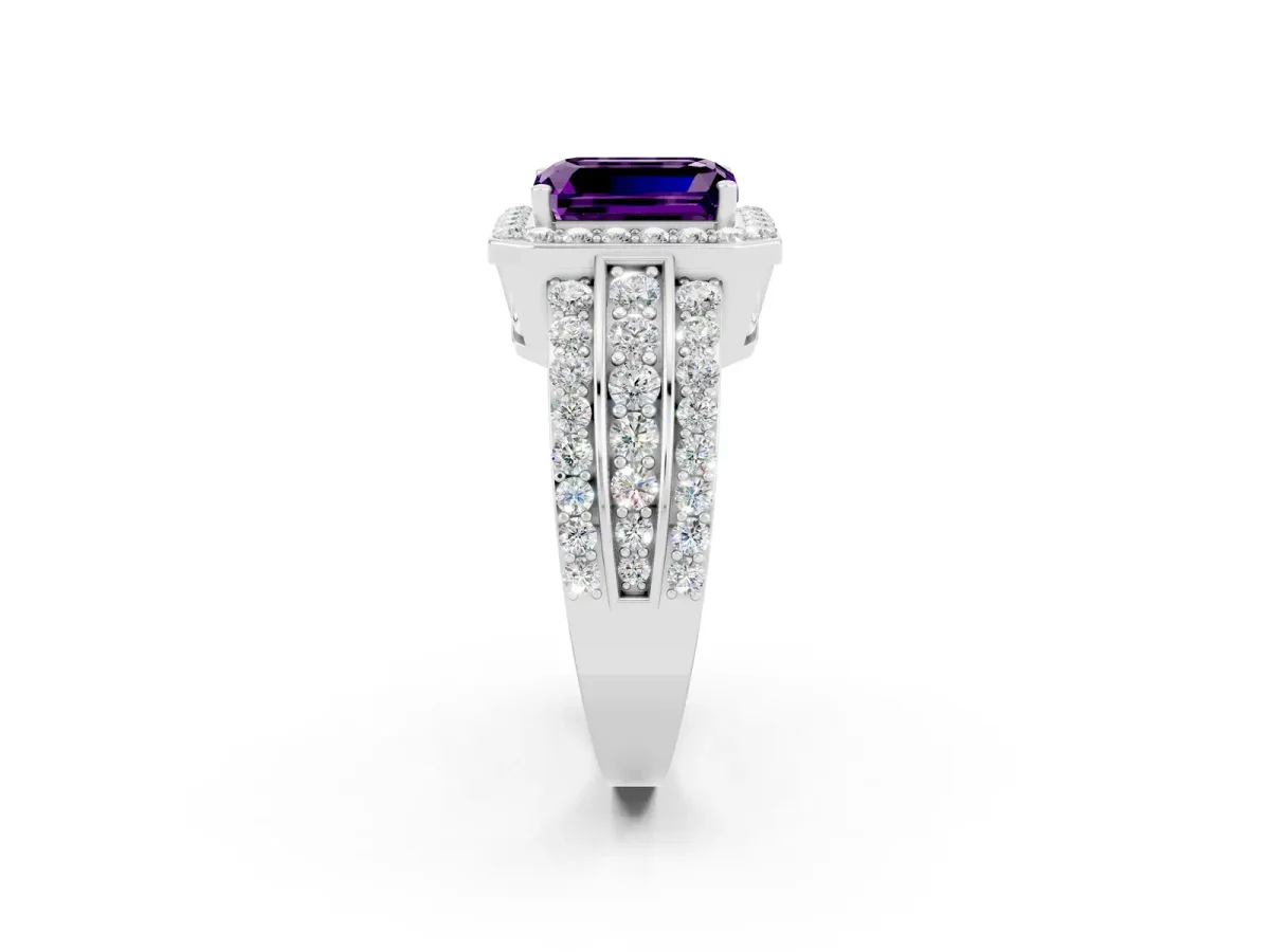 Emerald Cut Halo Amethyst Ring with Round Split Shank and Prong Setting Silver