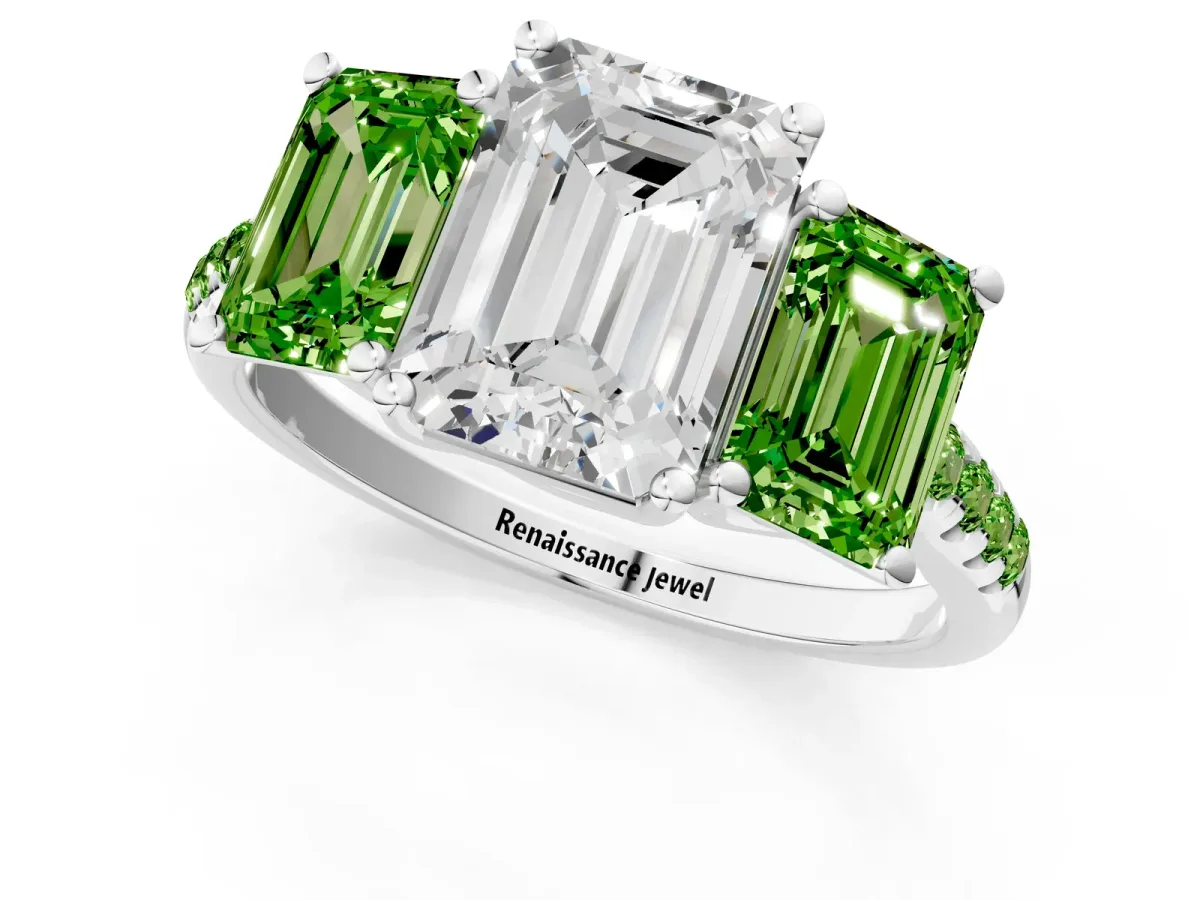 Three-Stone Emerald Cut Diamond Ring with Round Peridot Pavé Band and Prong Setting Platinum