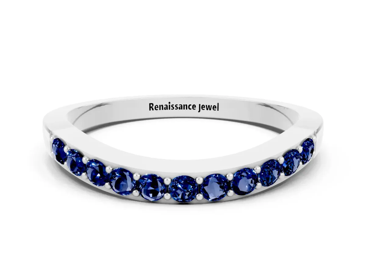 Round Blue Sapphire Curved Wedding Band with Channel Setting Platinum
