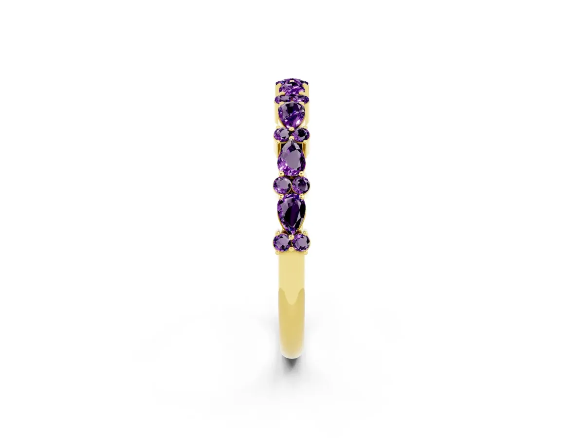 Pear and Round Amethyst Wedding Band Yellow gold