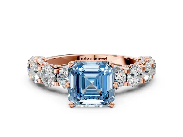 Fancy Blue Asscher Cut Diamond Side Stone Engagement Ring with Four-Prong Setting Rose gold