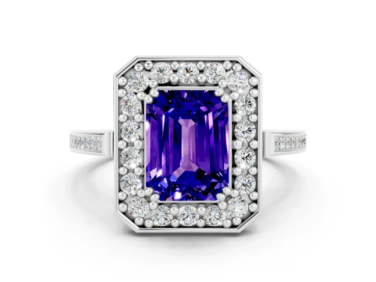 Emerald Cut Tanzanite Halo Ring with Split Shank and Four-Prong Setting White gold