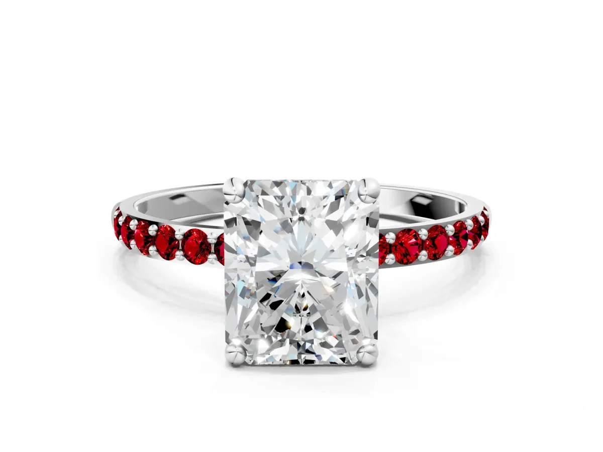 Radiant Cut Diamond Solitaire Ring with Round Ruby Pavé Band and Prong Setting Silver