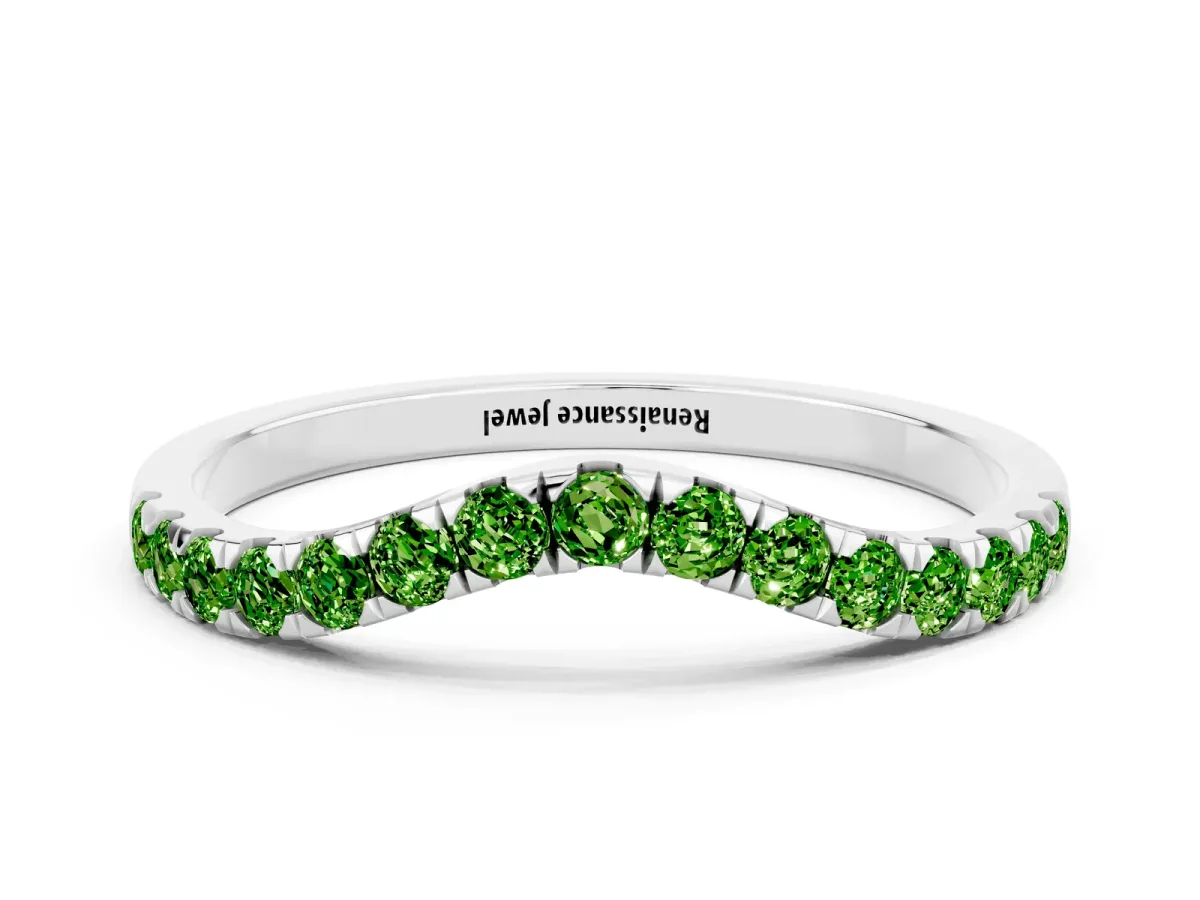 Curved Pavé Round Peridot Wedding Band with Shared Prong Setting Silver