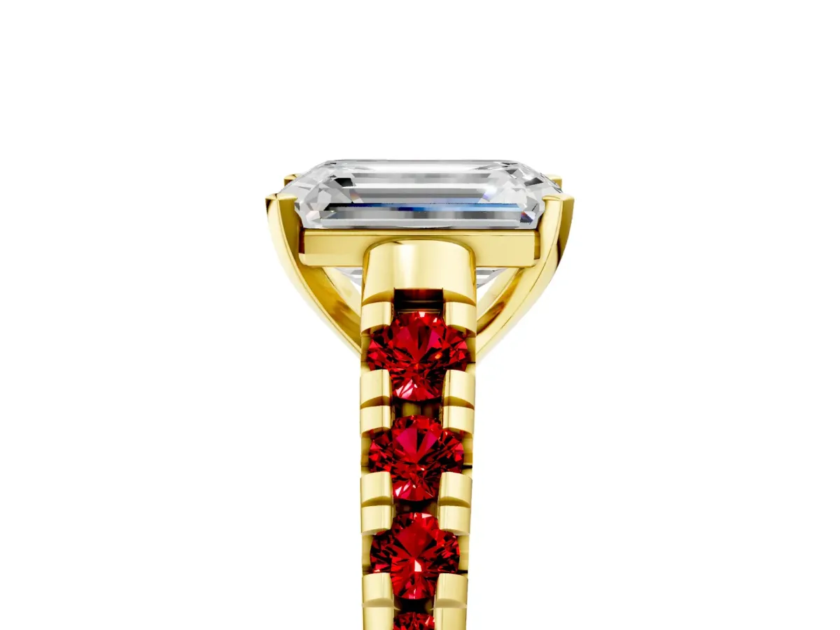 Emerald Cut Diamond Cathedral Solitaire Ring with Round Ruby Pavé Band Yellow gold
