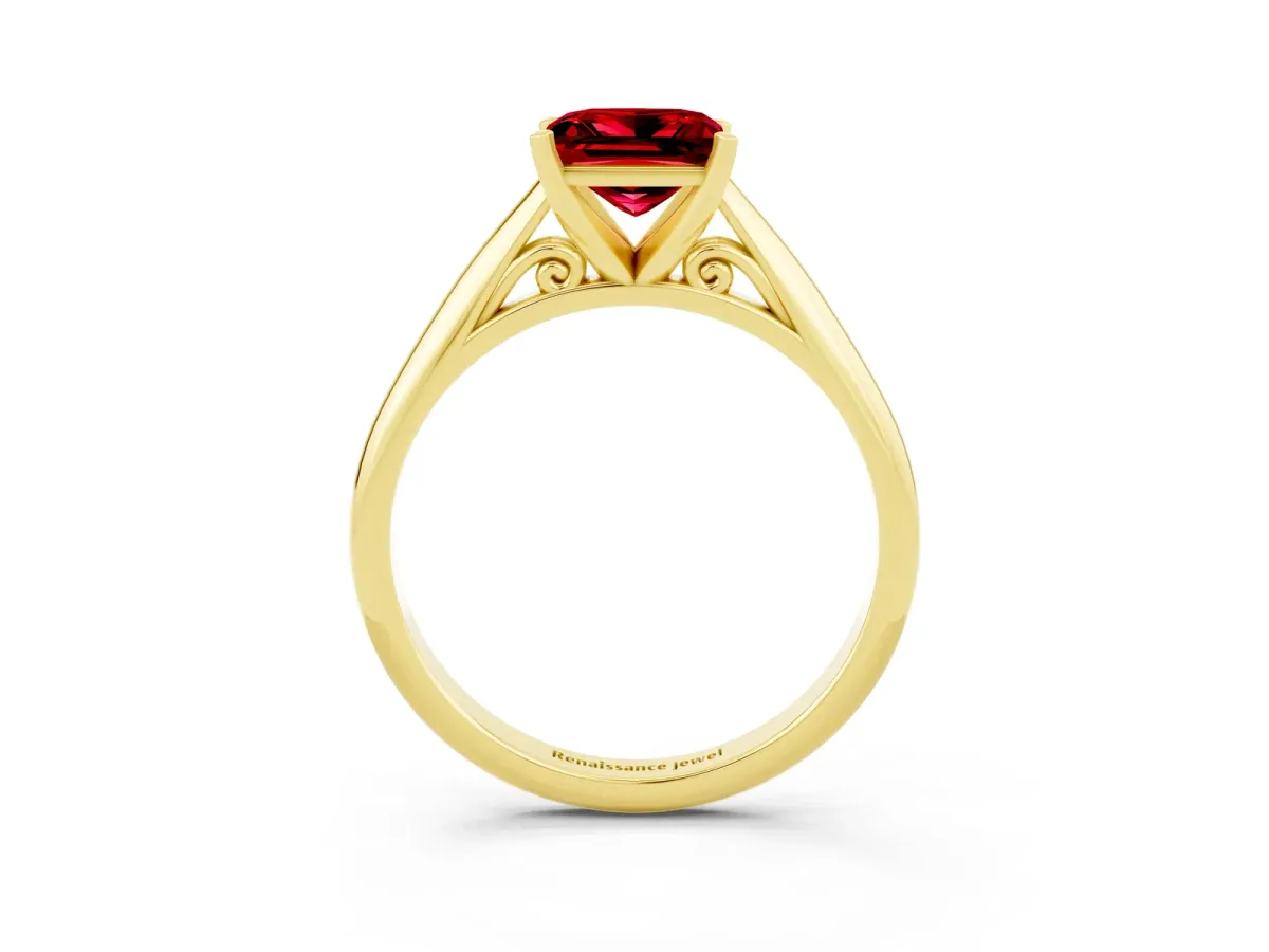 Princess Cut Ruby Solitaire Engagement Ring with Cathedral Setting and Four-Prong Mount Yellow gold